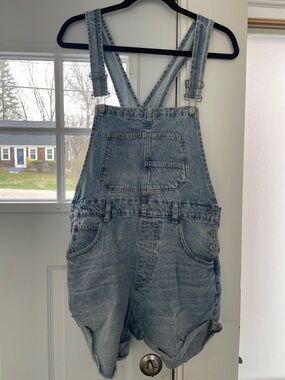 Free People Light Wash Denim Short Overalls